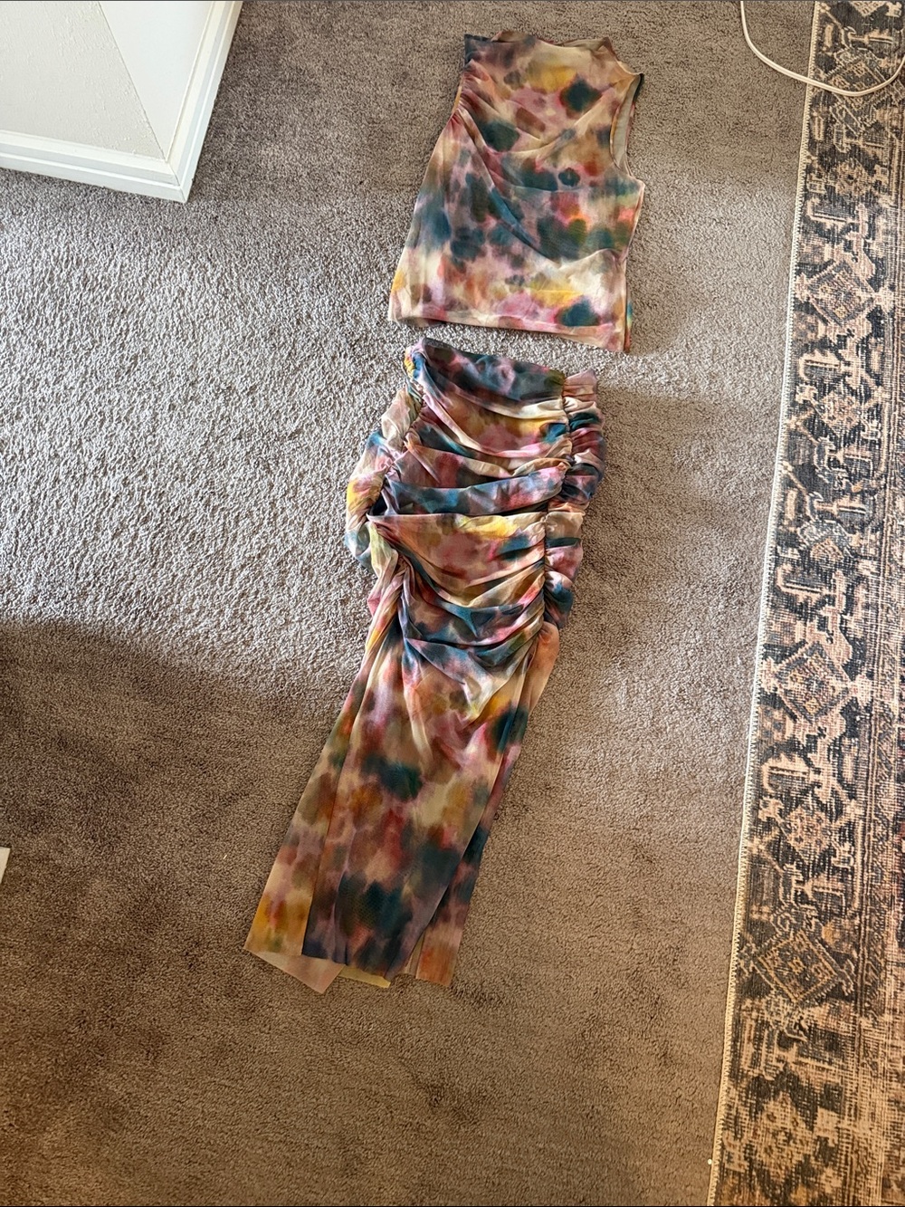 Anthropologie Tie-Dye Crop Top & Skirt Set in Pink, Green, Yellow and Blue